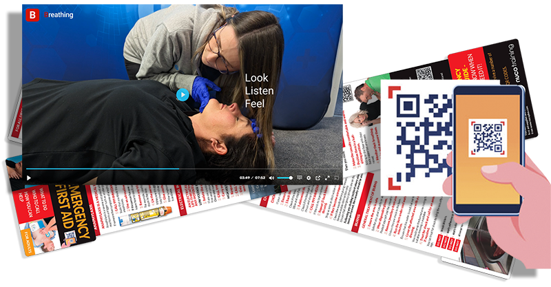QR codes link to supporting video explanations for the Adult Emergency First Aid Quick Guide